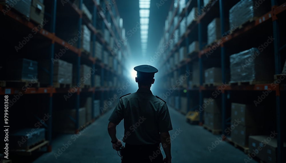 Uniformed security guard inspecting dark storage aisles with a flashlight, creating dramatic contrasts between light and shadow.
Uniformed security guard inspecting dark storage aisles with a flashlight, creating dramatic contrasts between light and shadow.