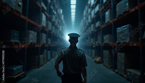 Uniformed security guard inspecting dark storage aisles with a flashlight, creating dramatic contrasts between light and shadow.