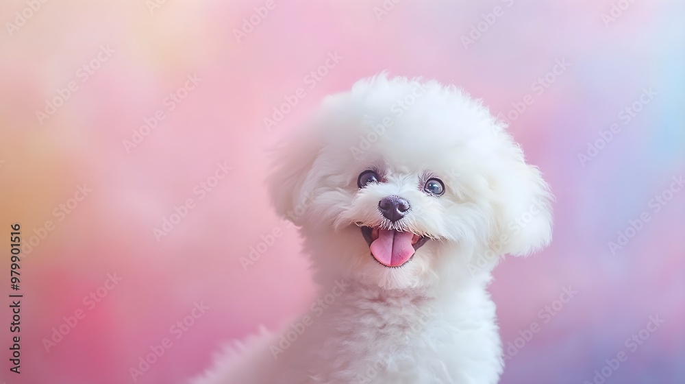 A playful Bichon Frise with its tongue out, captured mid-action against a soft pastel backdrop, emphasizing its joyful demeanor A playful Bichon Frise with its tongue out, captured mid-action against a soft pastel backdrop, emphasizing its joyful demeanor