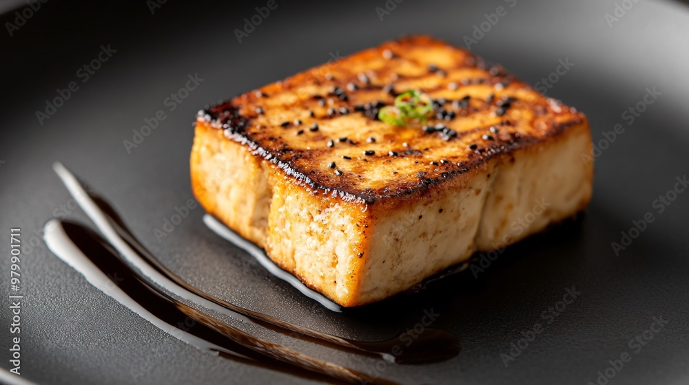 A single piece of grilled tofu, positioned on a matte black plate, with minimalist lines of soy sauce artistically drizzled beside it A single piece of grilled tofu, positioned on a matte black plate, with minimalist lines of soy sauce artistically drizzled beside it