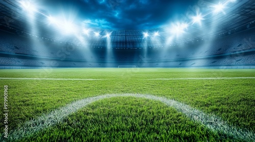 Illuminated Soccer Stadium with Grass Field and Bright Spotlights