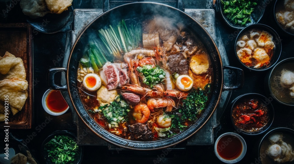 An overhead view of a hot pot with an assortment of meat, seafood, and vegetables cooking in a flavorful broth, surrounded by small bowls of dipping sauces. An overhead view of a hot pot with an assortment of meat, seafood, and vegetables cooking in a flavorful broth, surrounded by small bowls of dipping sauces.