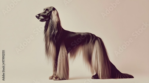 A majestic Afghan Hound standing gracefully on a light solid color background, showcasing its long flowing coat and elegant posture
