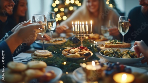 Friends and family celebrating hanukkah, enjoying traditional food around a table with a menorah photo