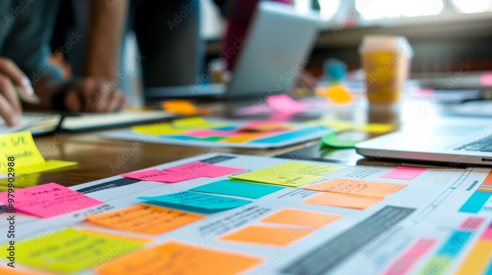 Fototapeta premium Collaborative project planning with colorful sticky notes and documents on table, showcasing teamwork and creativity in corporate environment