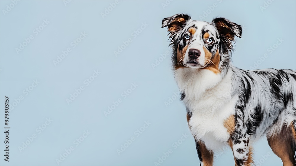 A majestic Australian Shepherd dog standing proudly on a light solid color background, showcasing its vibrant coat and expressive eyes A majestic Australian Shepherd dog standing proudly on a light solid color background, showcasing its vibrant coat and expressive eyes