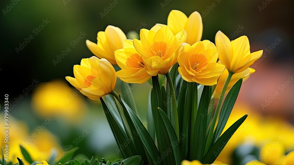 Field with blooming yellow daffodils. Fresh spring flowers growing in a clearing. Natural background. Growing flowers for sale in large quantities. Illustration for cover, postcard, card, etc. Field with blooming yellow daffodils. Fresh spring flowers growing in a clearing. Natural background. Growing flowers for sale in large quantities. Illustration for cover, postcard, card, etc.