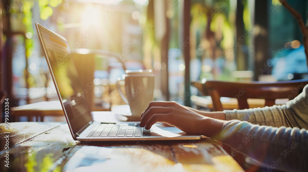 A person is managing projects on laptop in cafe, surrounded by natural light and greenery, creating productive and inspiring atmosphere A person is managing projects on laptop in cafe, surrounded by natural light and greenery, creating productive and inspiring atmosphere