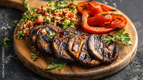 A vegan dish with grilled portobello mushrooms, roasted red peppers, and a quinoa salad, neatly arranged on a bamboo serving board with a balsamic glaze