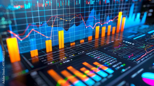 Visualizing sales growth strategy, this image showcases dynamic charts and graphs illustrating upward trends in data analysis. vibrant colors and intricate details reflect professional approach to bus photo