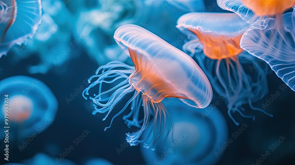 Fototapeta premium Jellyfish floating in the sea. Illustration for brochure, cover, poster, presentation or banner.