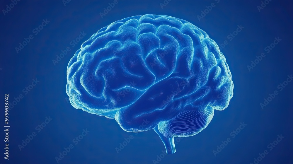 Anatomical brain shown close-up in 3D. The model is made of plastic and emits a glow. The concept of thought energy. Illustration for banner, cover, brochure or presentation. Anatomical brain shown close-up in 3D. The model is made of plastic and emits a glow. The concept of thought energy. Illustration for banner, cover, brochure or presentation.