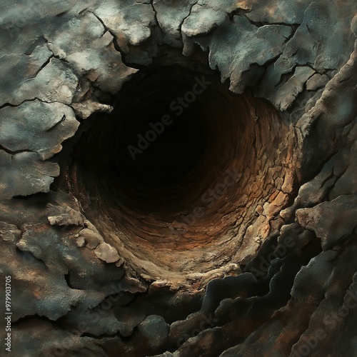 A deep, dark hole with rugged, textured edges in the earth. Evokes mystery, depth, and exploration. Ideal for themes of unknown or adventure.