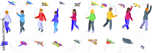 Kids playing flying kite icons set. Set of people launching different colorful kites isometric icons for web design isolated on white background