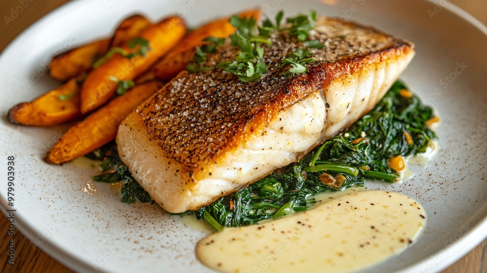 Crispy-skinned sea bass on a bed of sauteed greens, paired with a side of roasted baby carrots and a lemon beurre blanc drizzle on a large oval dish Crispy-skinned sea bass on a bed of sauteed greens, paired with a side of roasted baby carrots and a lemon beurre blanc drizzle on a large oval dish
