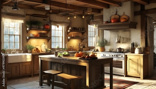 Warmly Lit Rustic Kitchen with Charming Decor and Inviting Ambiance