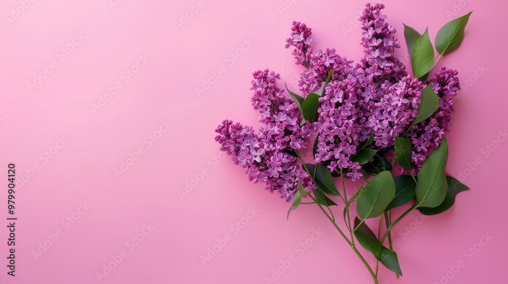 Fototapeta premium Lilac bouquet on pink background with space for text