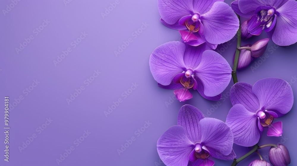 Naklejka premium Lilac orchid pattern on purple background with space for text following the color trend Very Peri