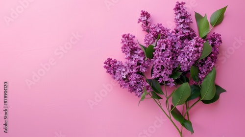 Lilac bouquet on pink background with space for text