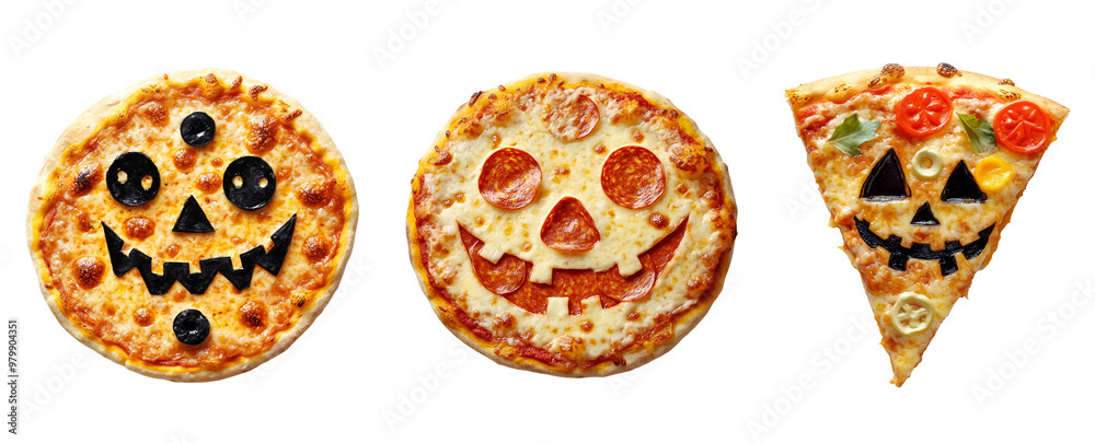 Collection Set of Halloween Pizzas: Pizzas with Jack-o’-lantern Face, Whole and Slice, Isolated on Transparent Background, PNG Collection Set of Halloween Pizzas: Pizzas with Jack-o’-lantern Face, Whole and Slice, Isolated on Transparent Background, PNG
