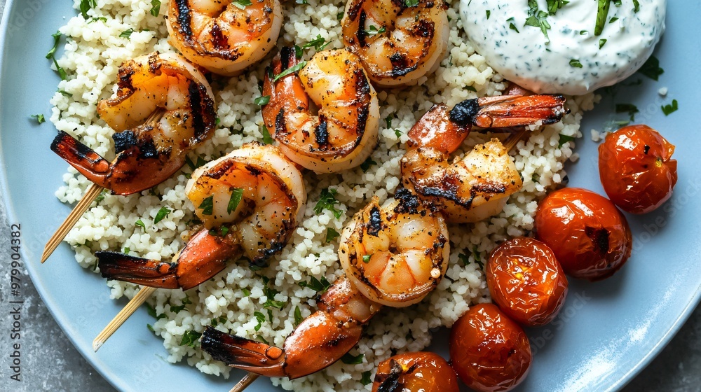 Grilled shrimp skewers served on a bed of couscous with a side of roasted cherry tomatoes and a mint yogurt sauce, arranged on a light blue plate Grilled shrimp skewers served on a bed of couscous with a side of roasted cherry tomatoes and a mint yogurt sauce, arranged on a light blue plate