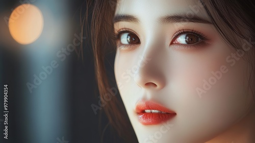 Stunning portrayal of a woman from Asia. Her flawless skin glows, and her natural cosmetics enhance her beauty. Ideal for promotions of skincare, cosmetics, and beauty, emphasizing the natural