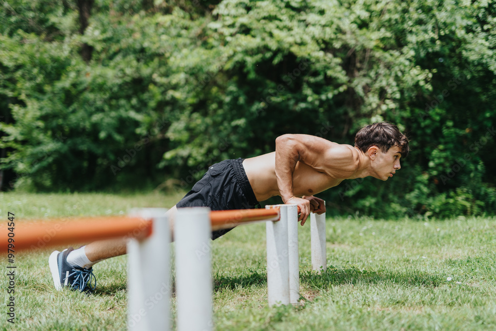 Fit man exercising outdoors in nature performing a push-up using parallel bars, showcasing strength and determination in an outdoor workout setting.
