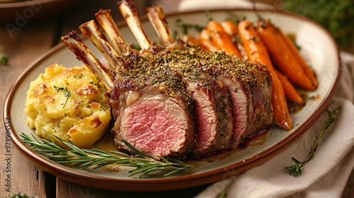 Herb-crusted rack of lamb served with a rich potato gratin and honey-glazed carrots, presented on a large oval ceramic plate with a rosemary garnish photo