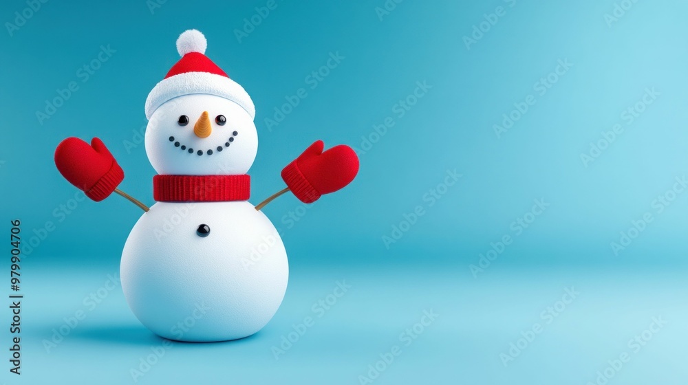 Playful Snowman with Red Mittens on Blue Background. Generative ai Playful Snowman with Red Mittens on Blue Background. Generative ai