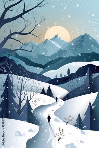 A serene paper cut art illustration of a winter wonderland scene with snow-covered trees, a winding river, and a soft moonlight glow..