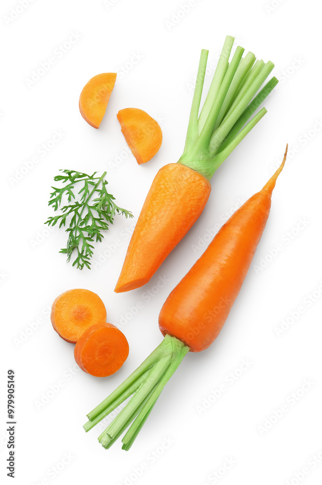 Whole and cut fresh carrots isolated on white, top view Whole and cut fresh carrots isolated on white, top view