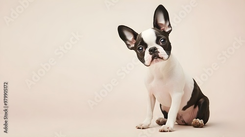 A playful Boston Terrier sitting on a light solid color background, with its big eyes and distinctive coat patterns visible