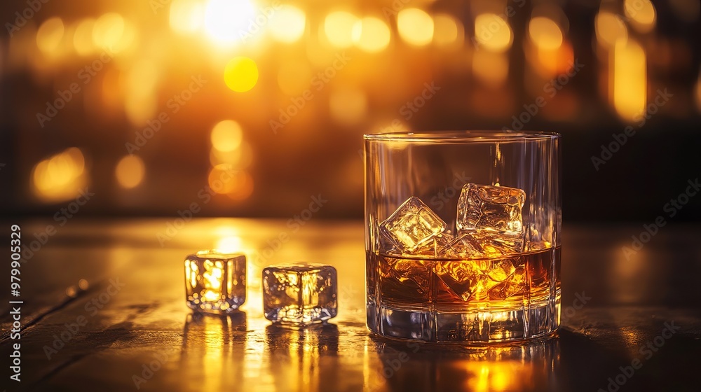 The dimly lit bar fills with the inviting glow of amber whiskey as it cascades into a chilled glass. The warm light dances upon the ice cubes, creating a cozy ambience perfect for relaxing. 