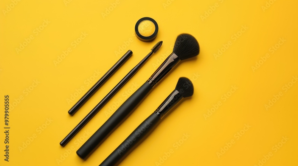 Makeup tools on a bright yellow surface for makeup artist branding