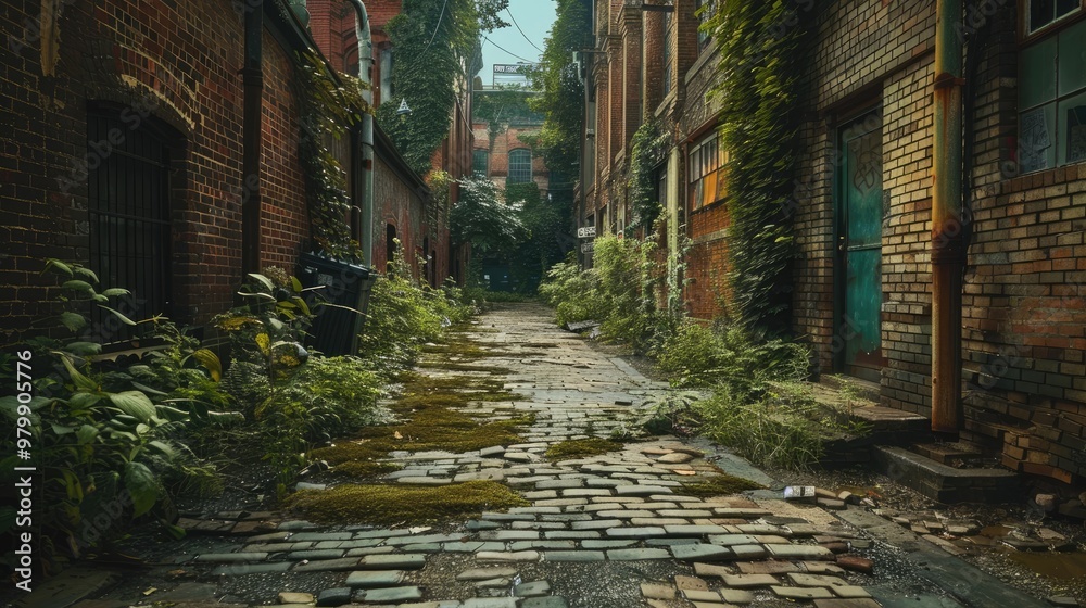 Quiet urban alley with overgrown plants, old brick buildings, moss-covered cobblestones, and a serene, abandoned atmosphere. Quiet urban alley with overgrown plants, old brick buildings, moss-covered cobblestones, and a serene, abandoned atmosphere.
