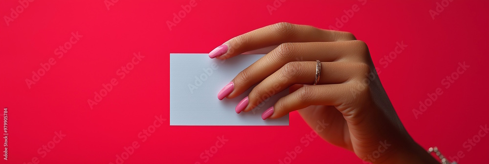 Obraz premium Close-up of a hand with pink nails holding a blank card against a bright red background, symbolizing choice or voting. Fits Election Day and creative campaigns