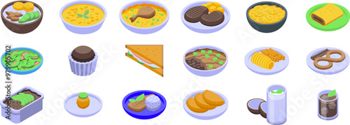 Cuban cuisine icons set. This vibrant collection showcases the rich culinary heritage of latin america, featuring a variety of traditional dishes and beverages