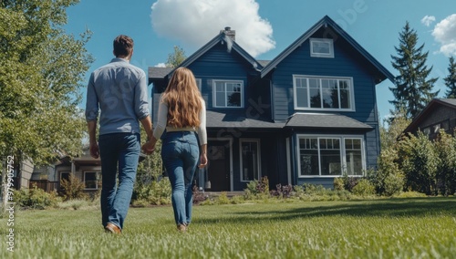 A young couple holding hands and walking towards their new house, with the real estate agent in front of them, standing on a grassy lawn Generative AI