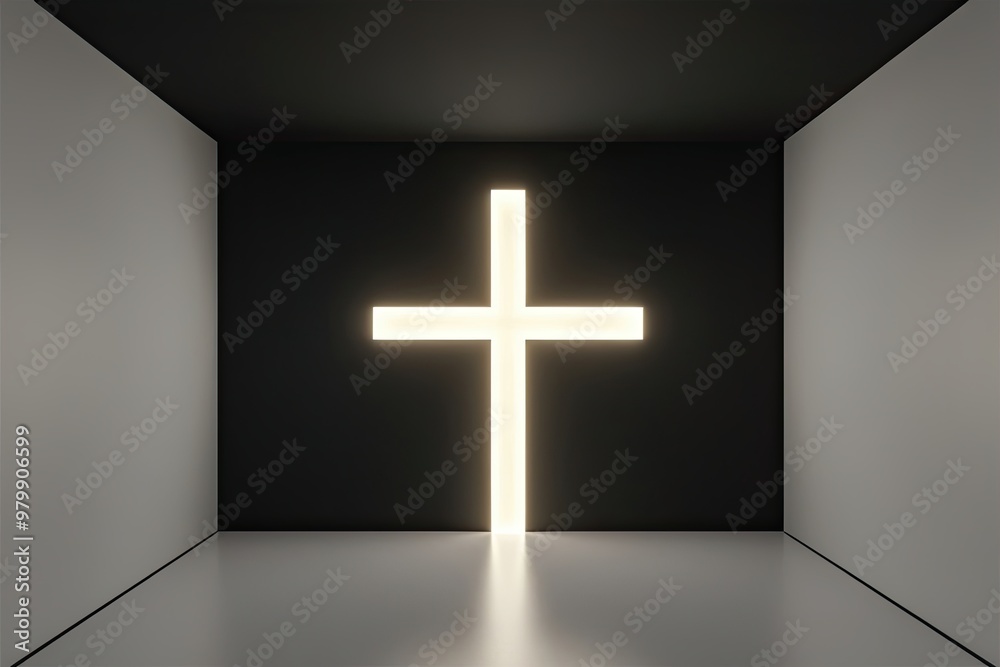 Naklejka premium Three Dimensional Abstract Space with Illuminated Cross Design in Minimalist Black Setting