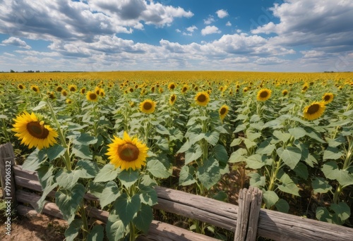 Sunflowers Along a Rustic Wooden Fence photo