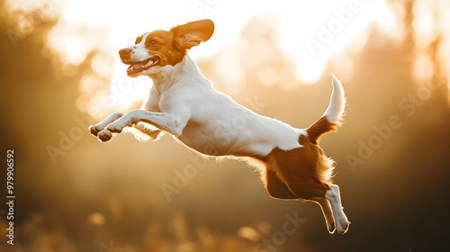 A playful Brittany dog jumping in the air against a soft, light background, highlighting its energy and enthusiasm