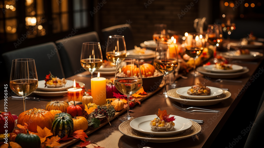 A top-down view of a beautifully set Thanksgiving table, featuring food, beverage A top-down view of a beautifully set Thanksgiving table, featuring food, beverage