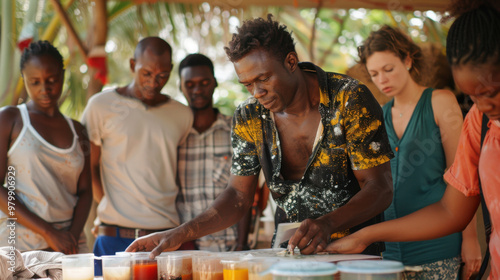 Group of Diverse People Engaging in a Colorful Art Workshop Outdoors: Learning and Creativity. Generative ai