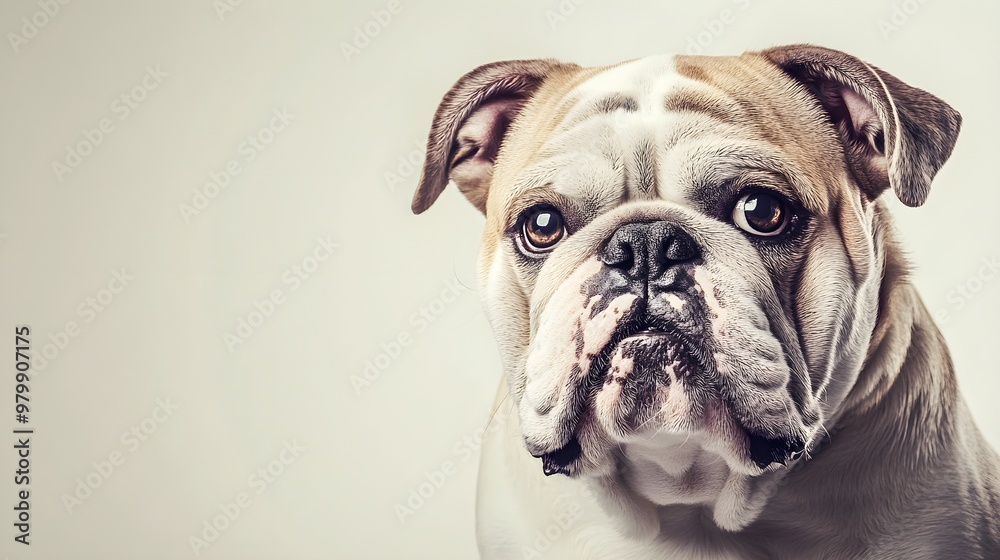 A close-up portrait of a bulldog with a wrinkled face and droopy eyes, showcasing its unique features against a light solid color background A close-up portrait of a bulldog with a wrinkled face and droopy eyes, showcasing its unique features against a light solid color background