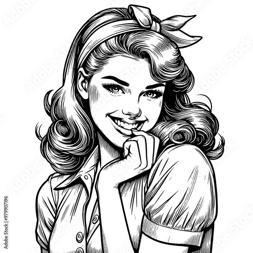Playful smiling beautiful young woman flirty biting her finger sketch engraving generative ai fictional character PNG illustration. Scratch board imitation. Black and white image.