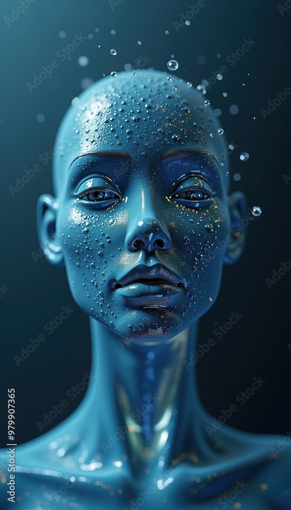 A striking, futuristic blue mannequin with water droplets, embodying a blend of beauty and technology, ideal for creative and fashion-related projects. A striking, futuristic blue mannequin with water droplets, embodying a blend of beauty and technology, ideal for creative and fashion-related projects.