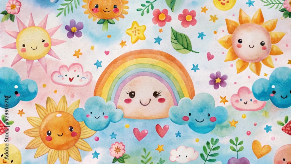 Watercolor illustration of a rainbow, suns, clouds, and flowers with cute faces on a blue sky background. Watercolor illustration of a rainbow, suns, clouds, and flowers with cute faces on a blue sky background.