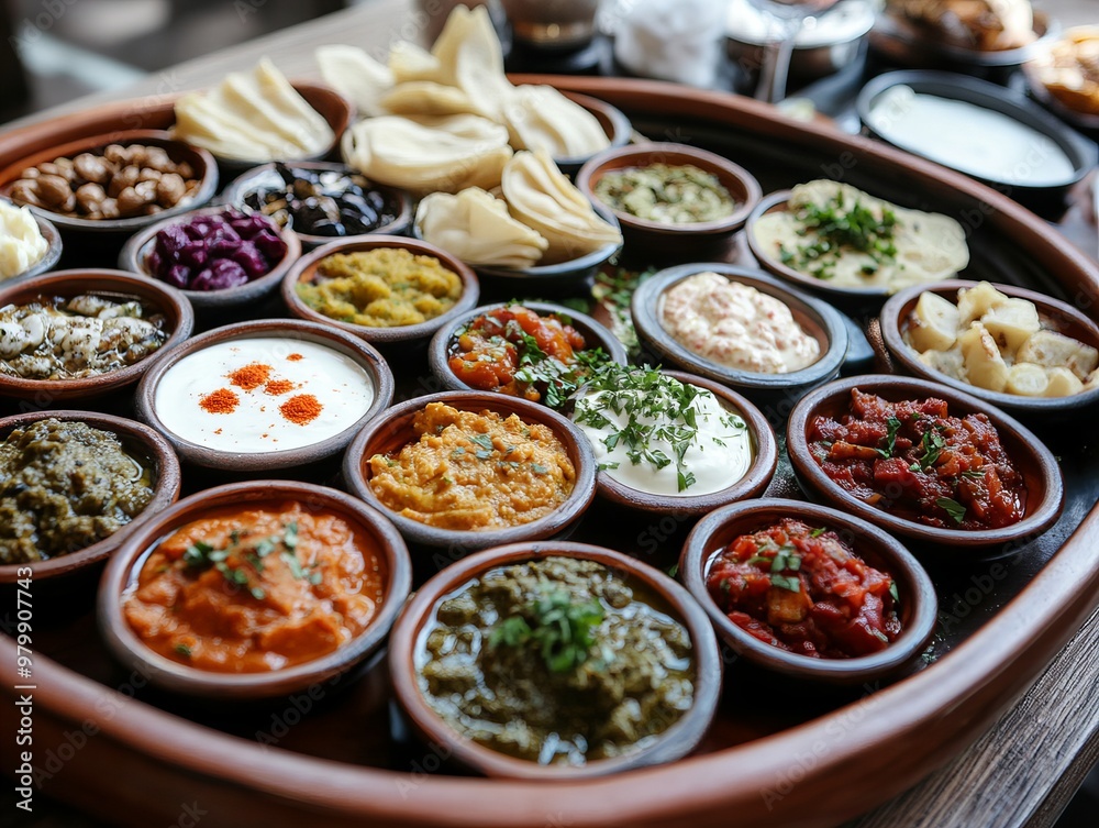 A Meze. The most popular Turkish dishes. A selection of small dishes served as appetizers, including dishes like hummus, baba ghanoush, dolma and haydari. A Meze. The most popular Turkish dishes. A selection of small dishes served as appetizers, including dishes like hummus, baba ghanoush, dolma and haydari.