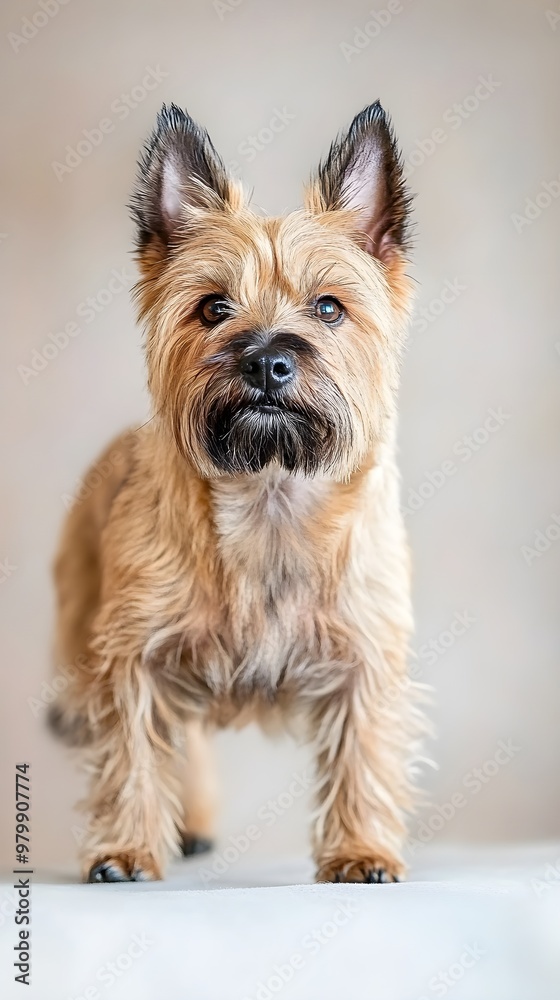 An adult Cairn Terrier standing proudly on a smooth surface, with a soft-focus light color backdrop highlighting its features An adult Cairn Terrier standing proudly on a smooth surface, with a soft-focus light color backdrop highlighting its features