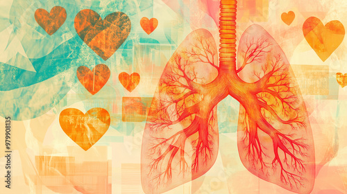 Abstract illustration of lungs with heart shapes, warm tones, symbolizing respiratory health